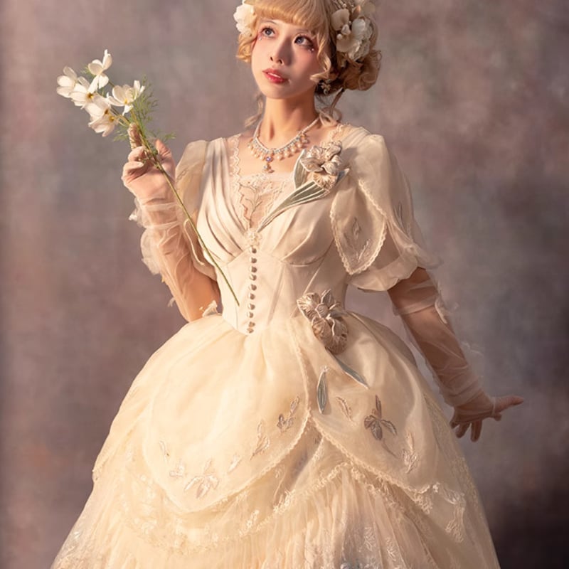 ロリータドレス のみ 2色 ロング丈 半袖 シフォン レース フリル