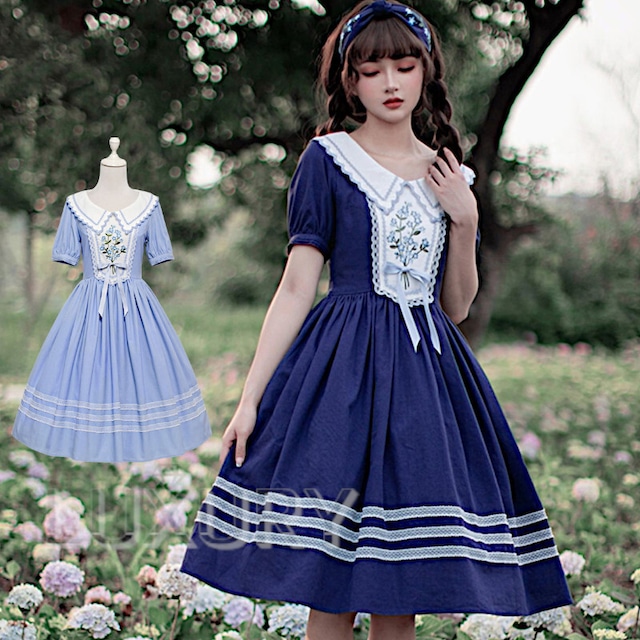 新作✭中国刺繍花柄ロリータワンピース★春のお出かけに最適 リネン混ワンピース 2色 甘ロリ 刺しゅう 春夏 綿麻 半袖 花柄