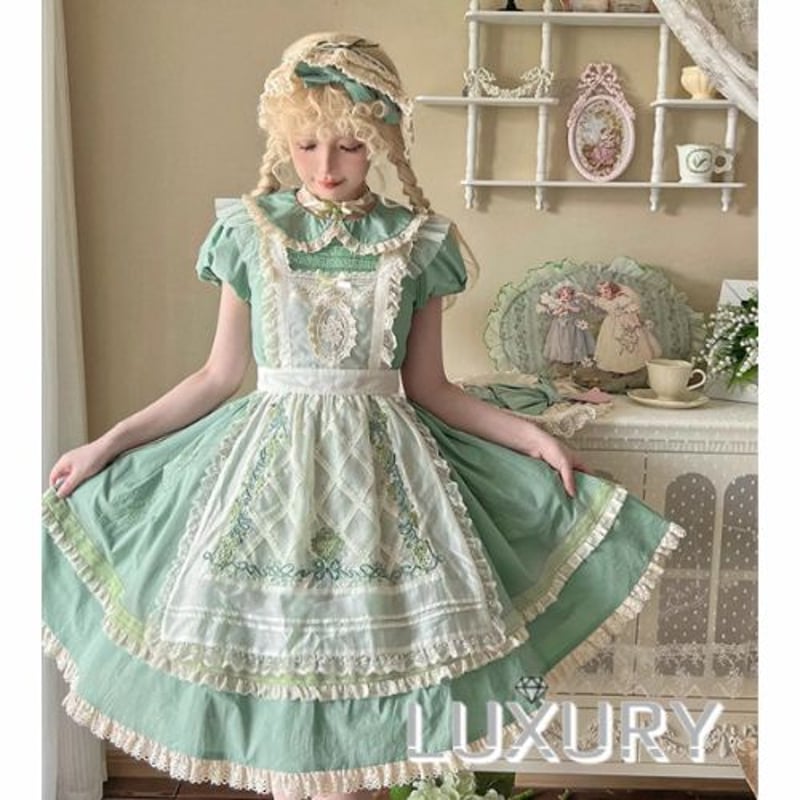 レースエプロン付き　緑のジャンパースカート　フリル　ロリータ レースエプロン付きジャンパースカート ミントグリーン フリル