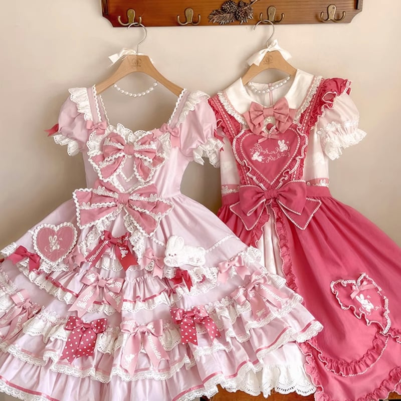 姫ロリ レース リボン ワンピース ドレス うさぎモチーフ