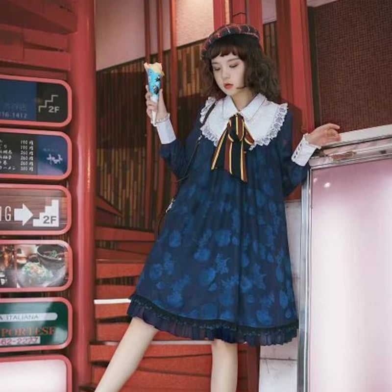 ハンドメイド　まあるい襟のパフスリーブワンピース&エプロンワンピース ドールワンピース 3色 甘ロリ プリント 襟付き ドール メイド