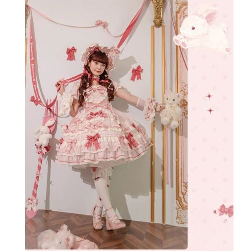 ピンク ロリータ ドレス ワンピース うさぎ リボン フリル 姫ロリ レース リボン ワンピース ドレス うさぎモチーフ