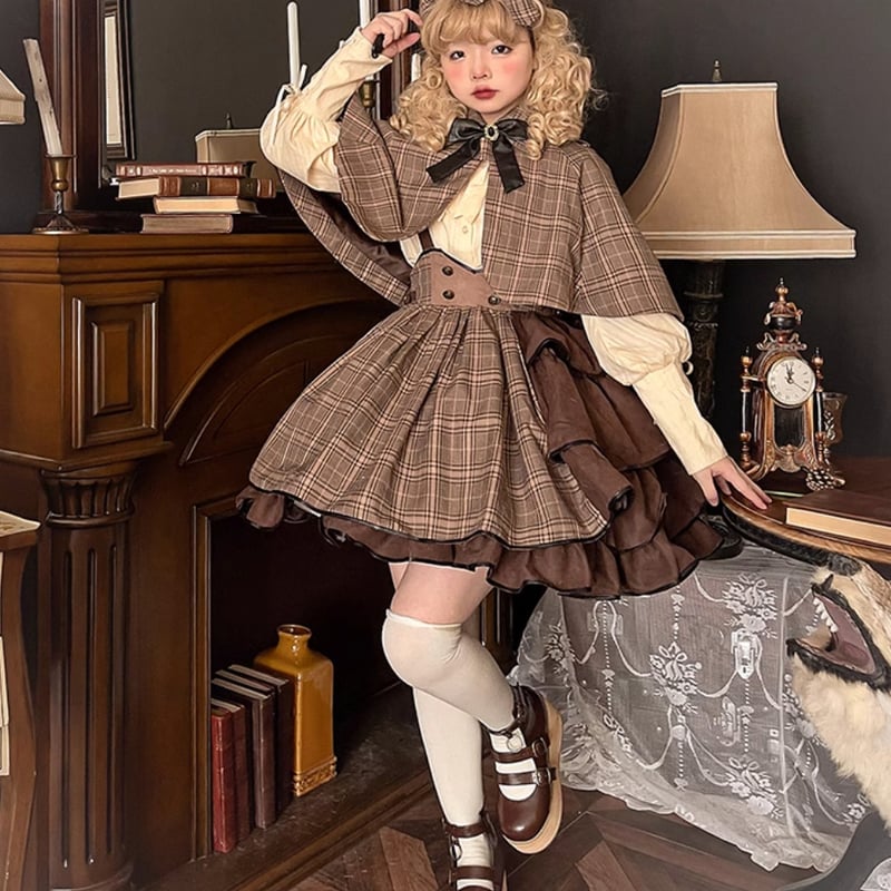 ロリータファッション パンク ケープ ポンチョ +リボン チェック柄