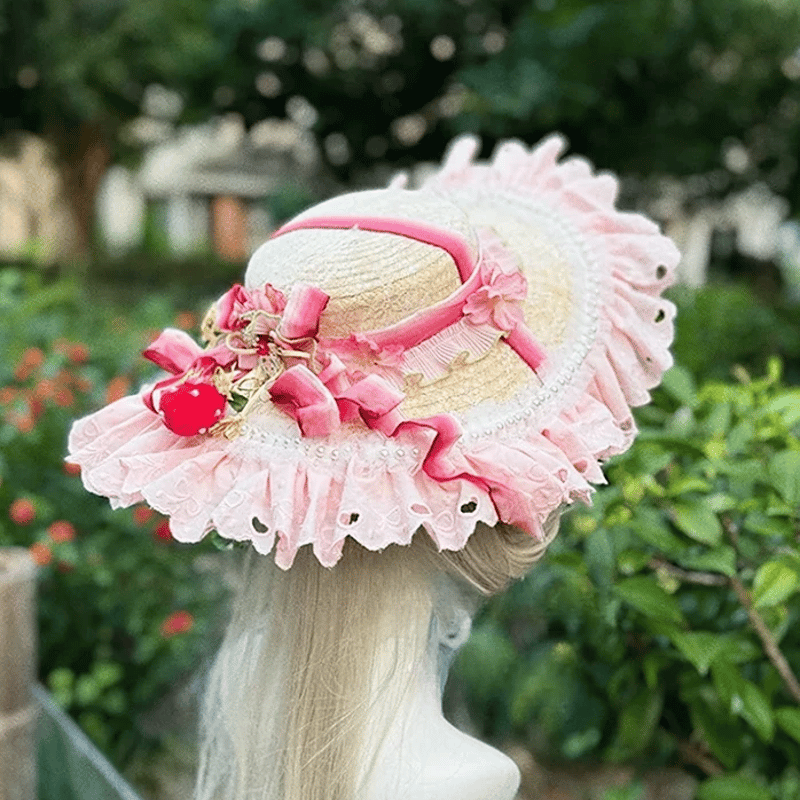 ハンドメイド ロリータ いちご 花 帽子 ストローハット ロリータファッション 麦わら帽子 ストローハット いちごモチーフ