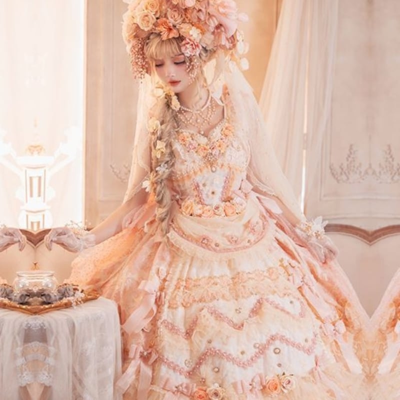華やかお花モチーフフリルスカートベアロングドレス ストール付 ジャンスカ 春夏 ロング ピンク ウエディングドレス 花嫁