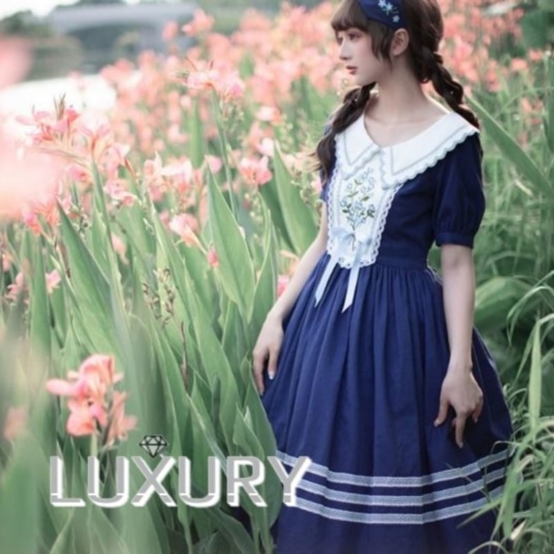 リネン混ワンピース 2色 甘ロリ 刺しゅう 春夏 綿麻 半袖 花柄