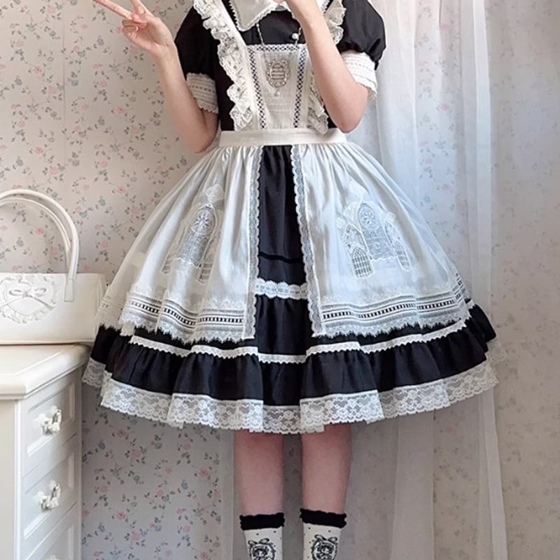 ゴスロリファッション ゴスロリ 前開きエプロン のみ 刺繍 レース