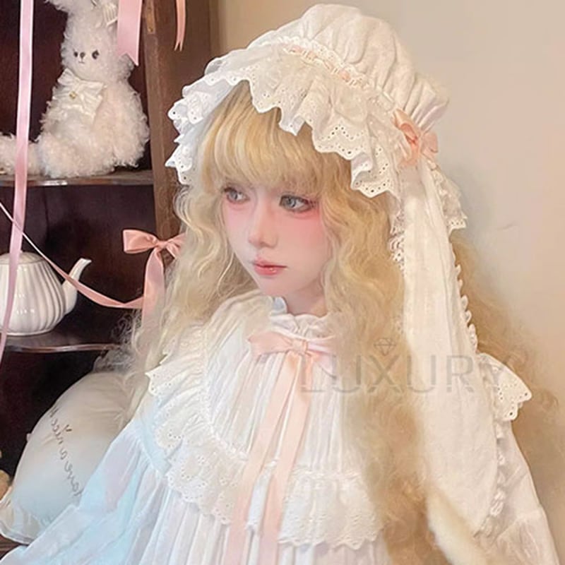 ロリータレースキャップ 甘ロリ ロリータファッション ナイトキャップ のみ たれ耳うさぎ