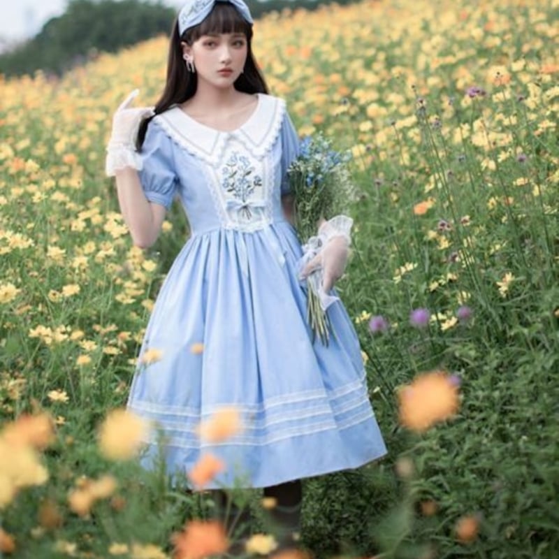 【新品】ロリータ向け夏用ワンピース 白×青 楽天市場】ロリータ ワンピース 甘ロリー ロリータ服 半袖 膝丈