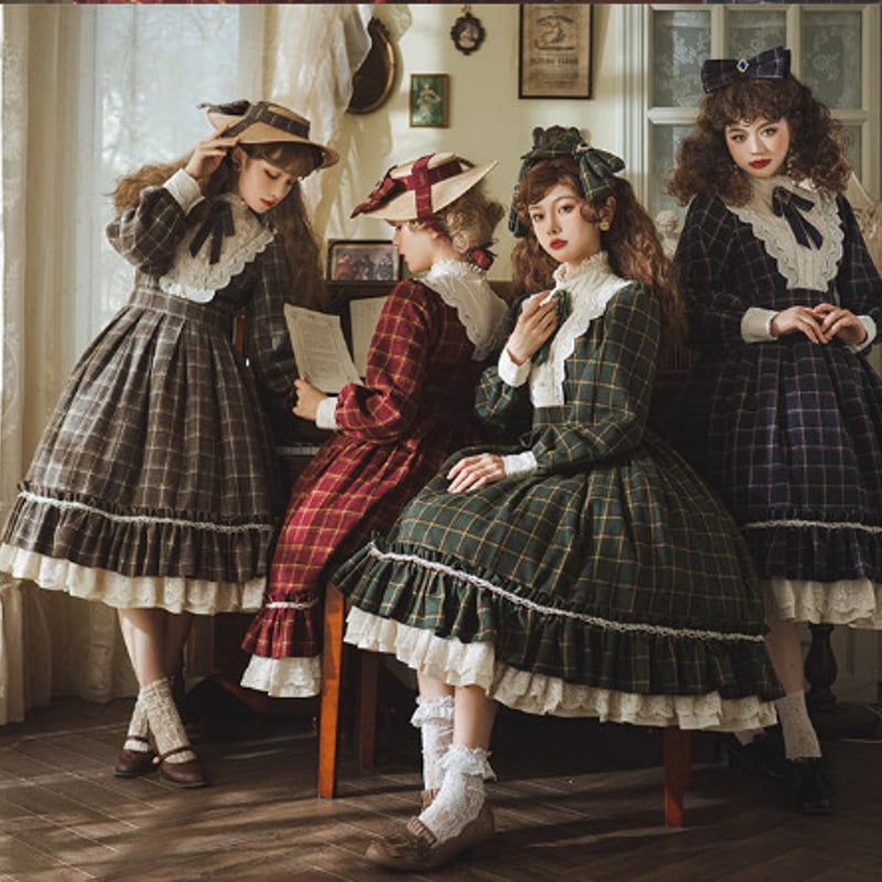 納期40日】クラロリ ワンピース チェック柄 レトロ エレガント