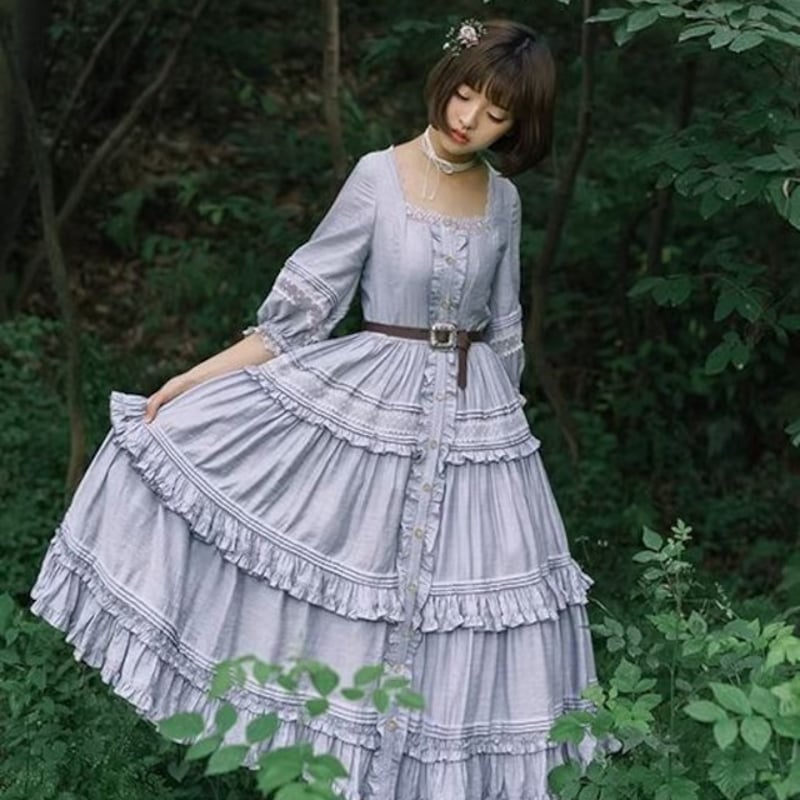 ワンピース 2色 甘ロリ カントリー レトロ ロング丈 フリル 七分 ワンピース 2色 甘ロリ カントリー レトロ ロング丈 フリル 七分