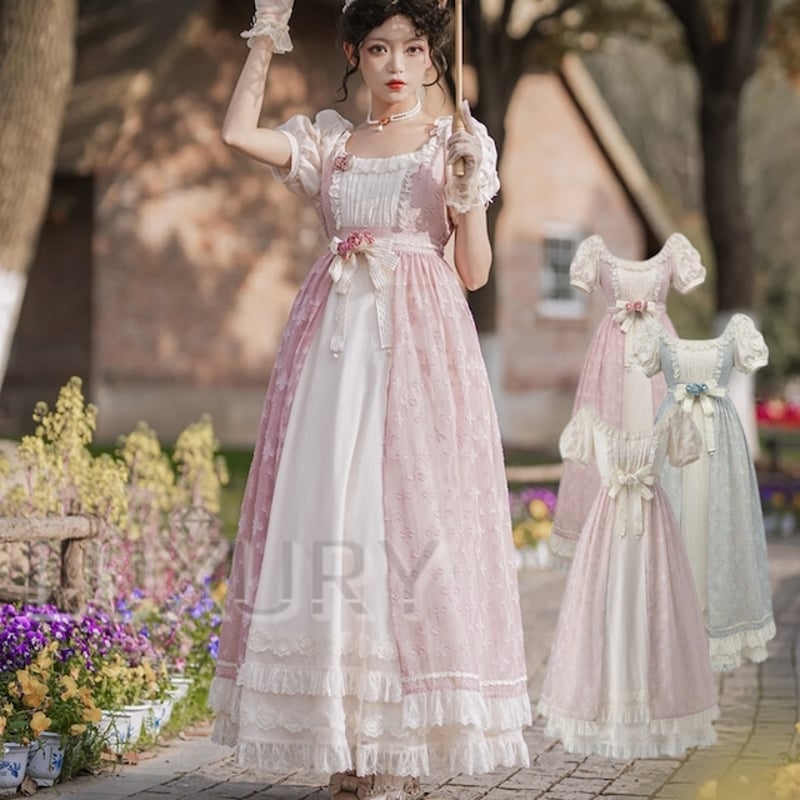 ワンピース＋エプロンスカートセット 3色 NyaNya ロング丈 2点セット