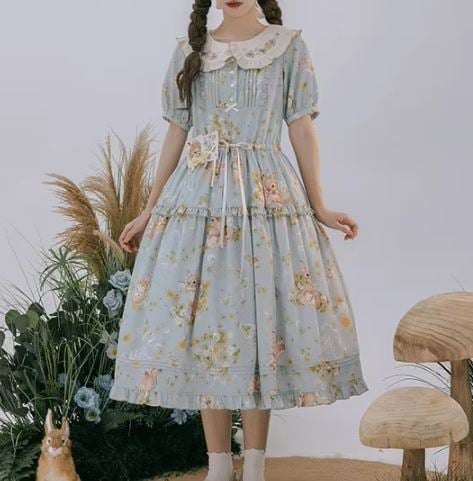 うさぎワンピース 3色 NyaNya 春夏 春秋 半袖 甘ロリ ひざ丈