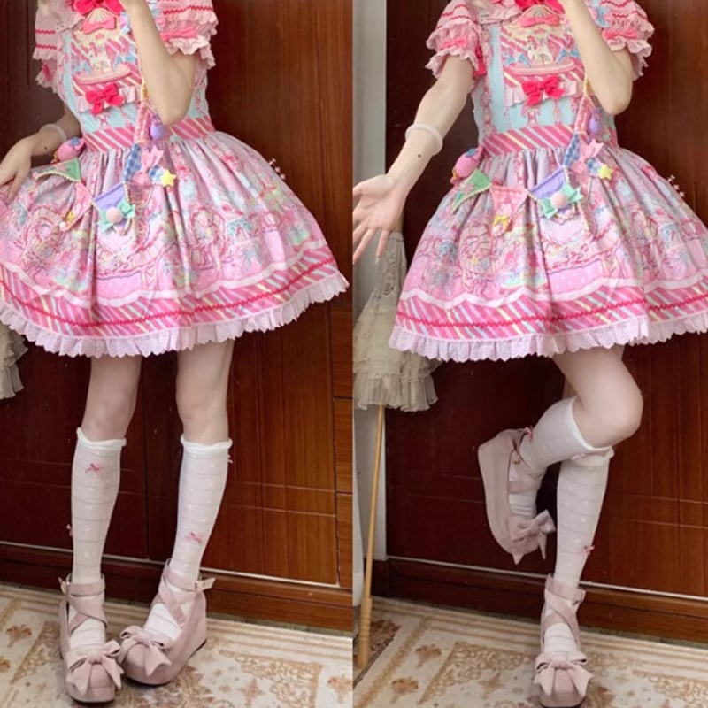 ロリータ ピンク ジャンスカ 甘ロリ 華ロリ 【シュガーガール】 納期40日】甘ロリ ジャンパースカート のみ パッチワーク ロング丈 森
