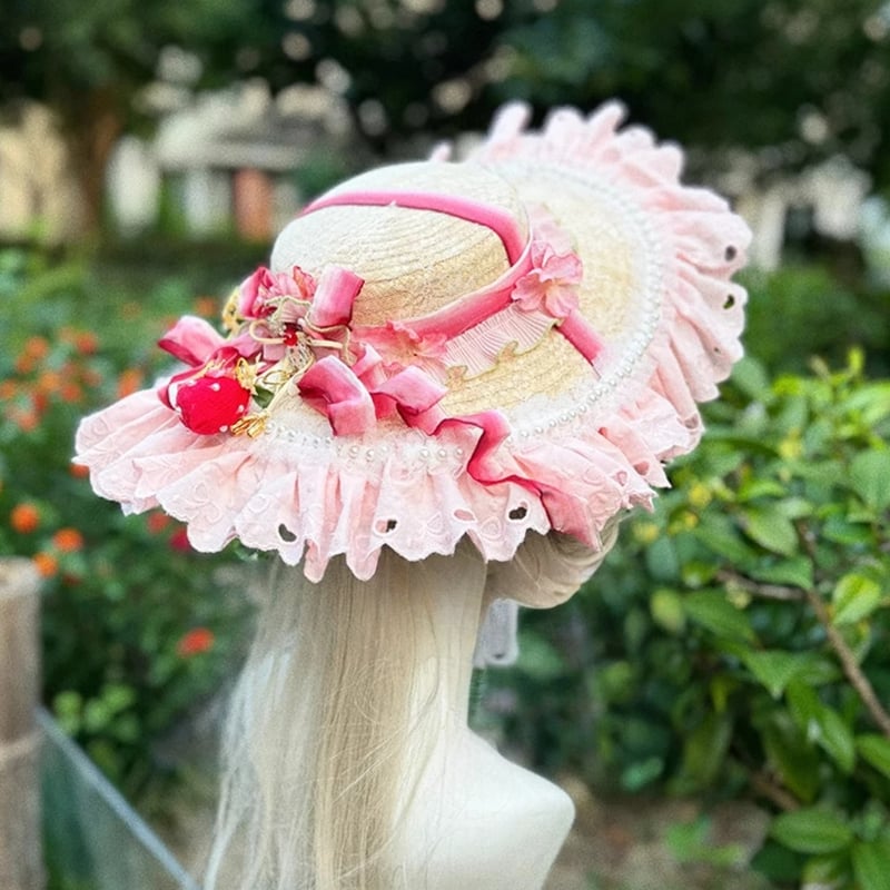 ハンドメイド ロリータ いちご 花 帽子 ストローハット ロリータファッション 麦わら帽子 ストローハット いちごモチーフ