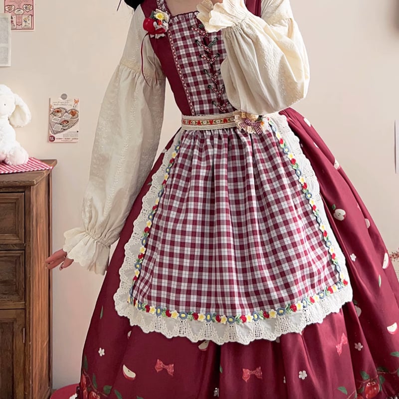 ロリータファッション エプロン のみ 4色 ギンガムチェック アップル