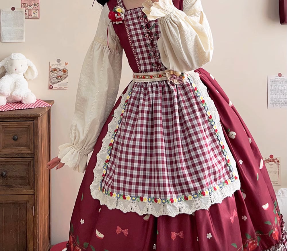 ロリータファッション エプロン のみ 4色 ギンガムチェック アップル