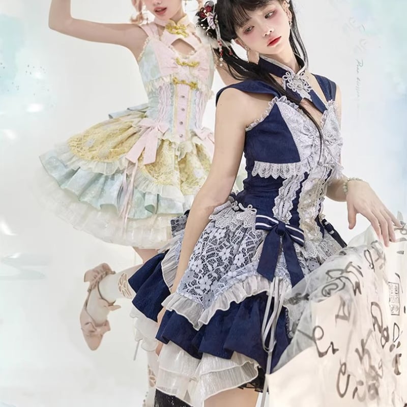 華ロリ 中華ロリ ジャンパースカート + ケープ のみ 4色 フリル ミニ丈