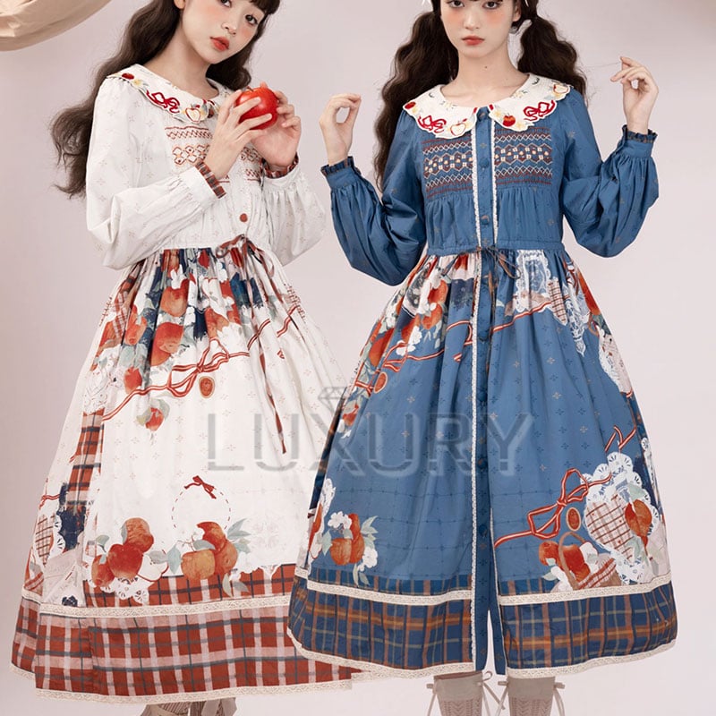 りんごワンピース 2色 Lo−cyan lolita JSK ホワイト ブルー ロング丈