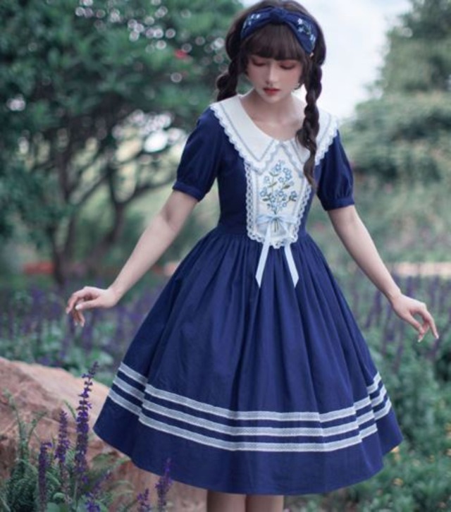 夏にピッタリ♪花柄ワンピース❁ひざ丈❁お出かけ・デートに最適 リネン混ワンピース 2色 甘ロリ 刺しゅう 春夏 綿麻 半袖 花柄