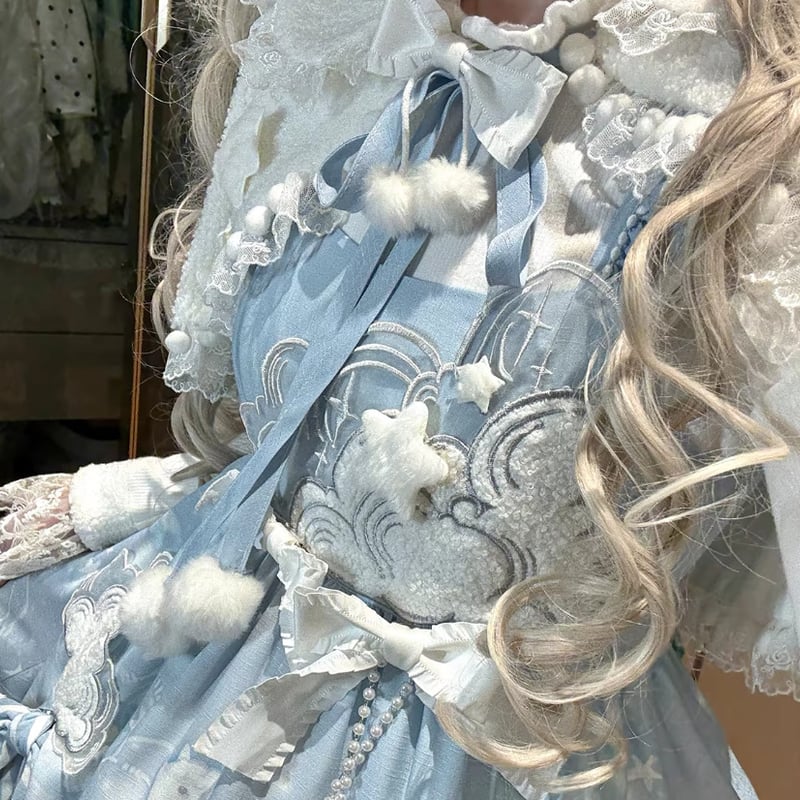 ロリータ 半袖ドレス 可愛い ウサギ ジャンパースカート 甘ロリ姫 OP 水色 甘ロリ 姫ロリ ジャンパースカート + トップス + ケープ 3点セット 雲