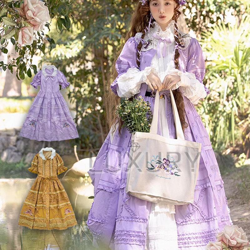 ワンピース 3色 春夏 春秋 甘ロリ 森ガール 花柄 小花柄 半袖 姫袖 襟 