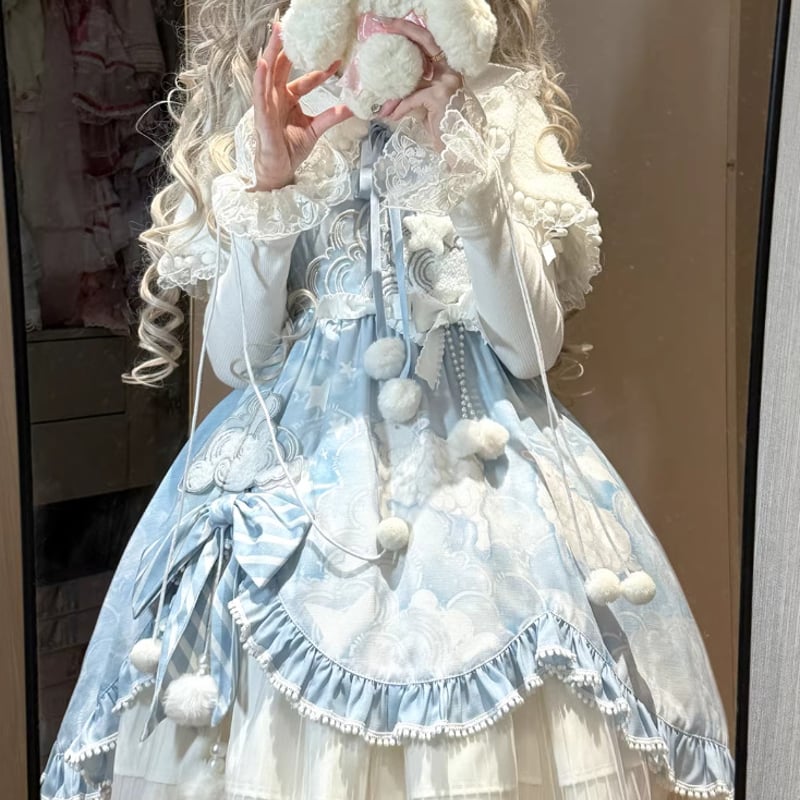 も*き様 ファー付きケープ＆ジャンパースカート セット　ホワイト　白　別珍　ロリ 甘ロリ 姫ロリ ジャンパースカート + トップス + ケープ 3点セット 雲