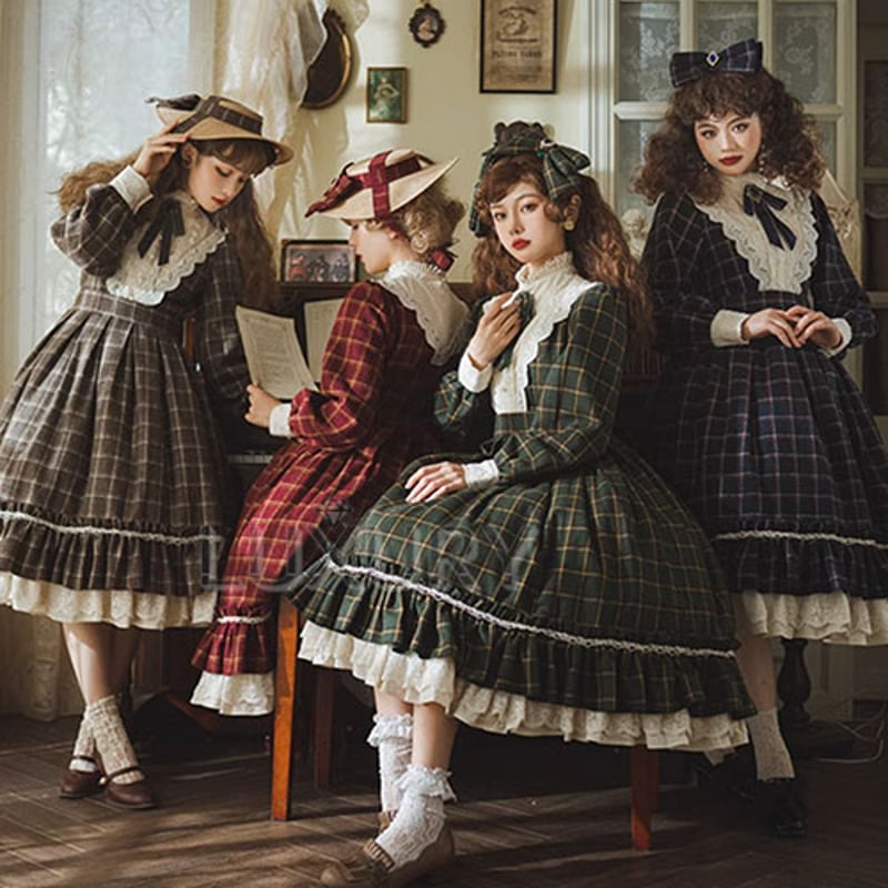 納期40日】クラロリ ワンピース チェック柄 レトロ エレガント