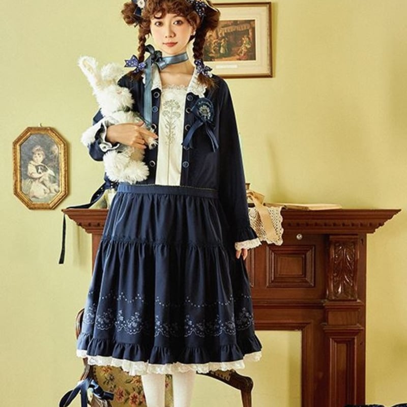 ワンピース 4色 GOTHIC LOLITA 春秋 長袖 リボン ひざ丈 ミディアム丈