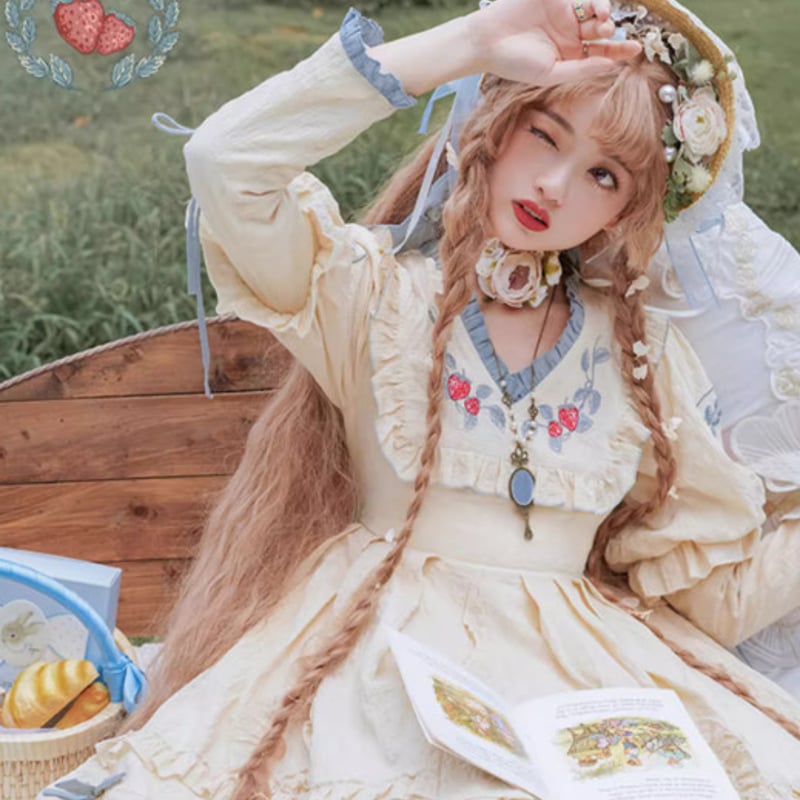 ドレスワンピース lolitabox いちご ストロベリー 長袖 マキシ丈