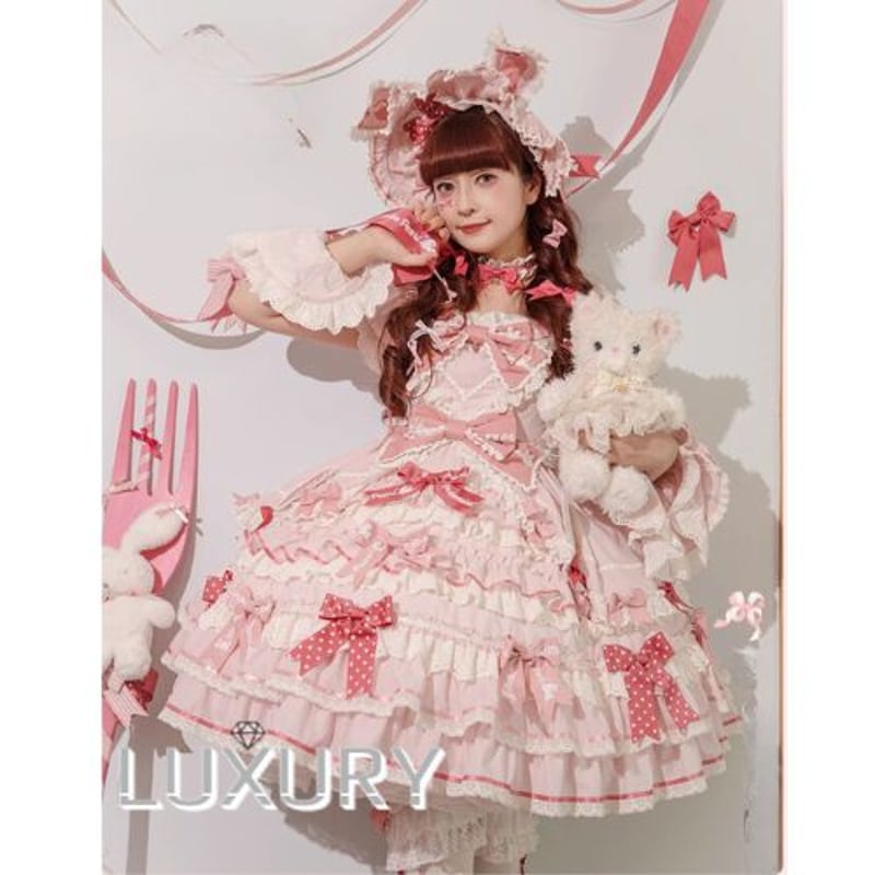 ピンク レース ロリータワンピース 姫ロリ レース リボン ワンピース ドレス うさぎモチーフ