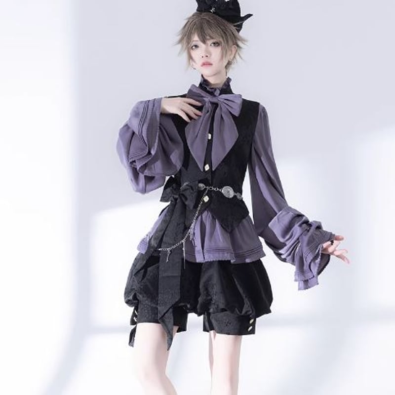 ロリータ ブラウス フリル シャーリング 長袖 パフスリーブ ゴスロリ ネイビー 即納 現品限り】ロリータ服 ブラウス フリル シャーリング 長袖