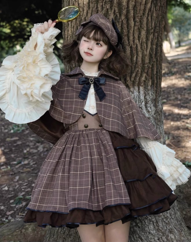 ロリータファッション パンク ケープ ポンチョ +リボン チェック柄