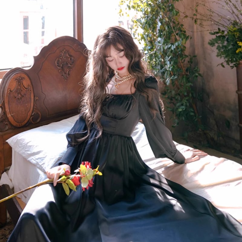 セミロリータ ワンピース のみ ロング丈 サテン 長袖 スクエアネック