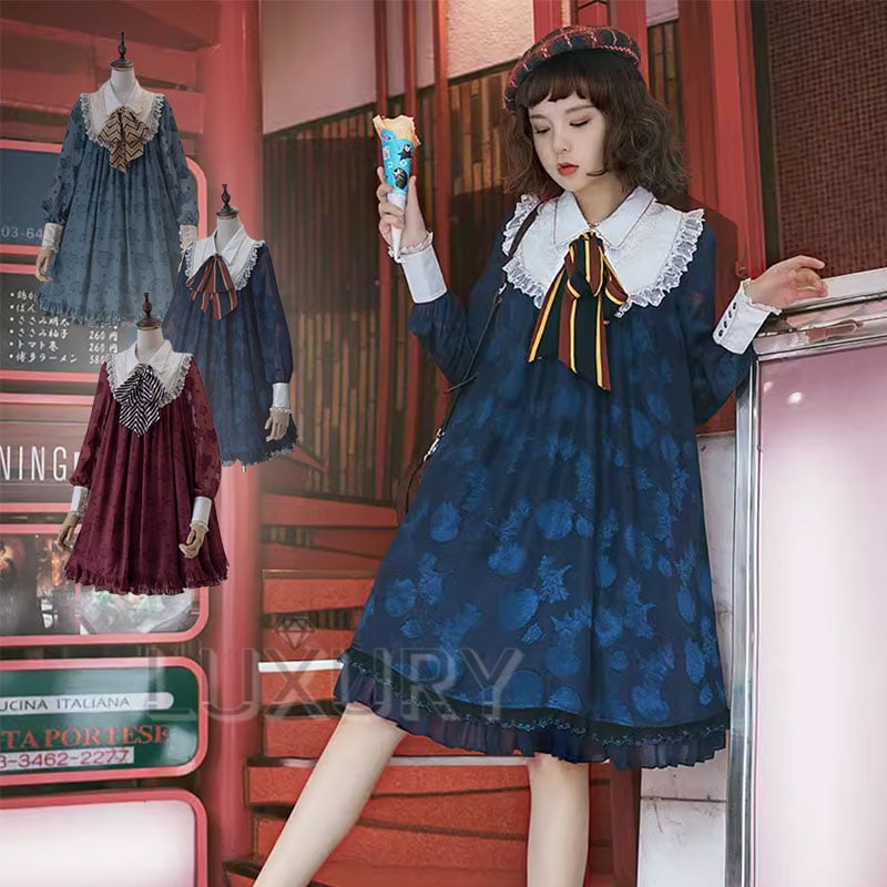 ドールワンピース 3色 甘ロリ プリント 襟付き ドール メイド