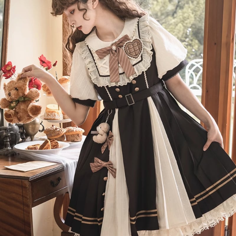 甘ロリ 半袖ワンピース のみ 2タイプ フリル リボンタイ付き