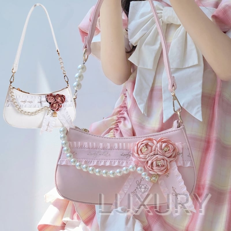 パーティバッグ 2色 LovelyLota ホワイト ピンク バラ フラワー