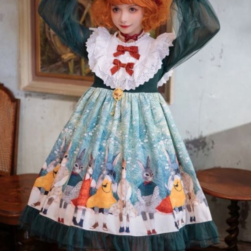 うさぎワンピース unideer 春秋 甘ロリ 森ガール 長袖 チュール