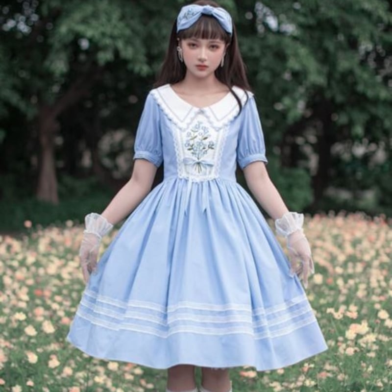 リネン混ワンピース 2色 甘ロリ 刺しゅう 春夏 綿麻 半袖 花柄