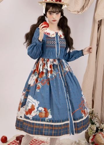 りんごワンピース 2色 Lo−cyan lolita JSK ホワイト ブルー ロング丈
