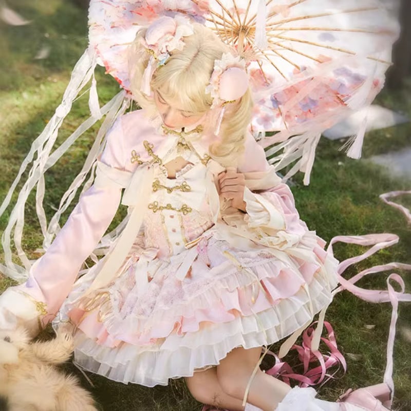 華ロリ　豪華フリル　ケープ　ブラウス　ジャンスカ　フルセット　新品タグ付き 華ロリ セットアップ ケープ ジャンパースカート 姫袖 リボン 原宿