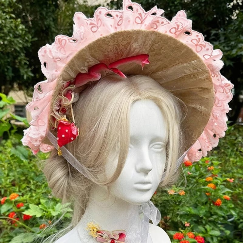 ハンドメイド ロリータ いちご 花 帽子 ストローハット ロリータファッション 麦わら帽子 ストローハット いちごモチーフ