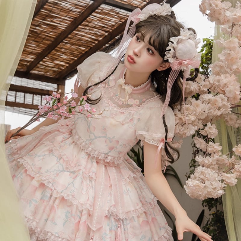 華ロリ 中華ロリ ワンピース のみ 花柄 お花 ミニ丈 ショート丈 膝上