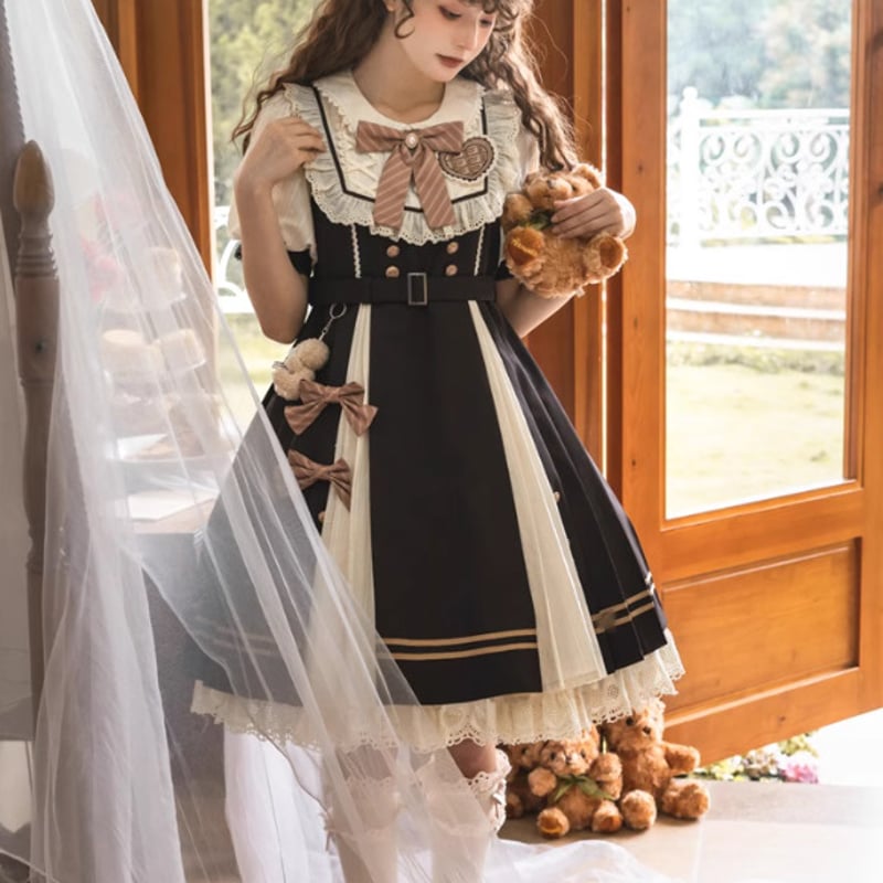 【美品】薔薇のお茶会ワンピース/ロリィタ/半袖/リボン 甘ロリ 半袖ワンピース のみ 2タイプ フリル リボンタイ付き 半袖