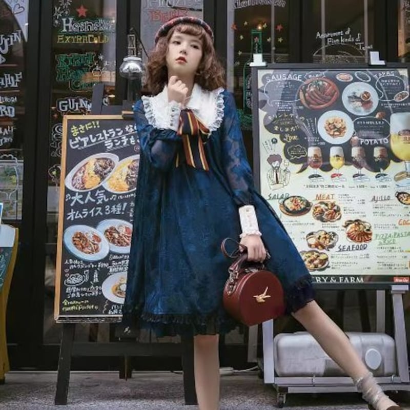 ドールワンピース 3色 甘ロリ プリント 襟付き ドール メイド メイド風 