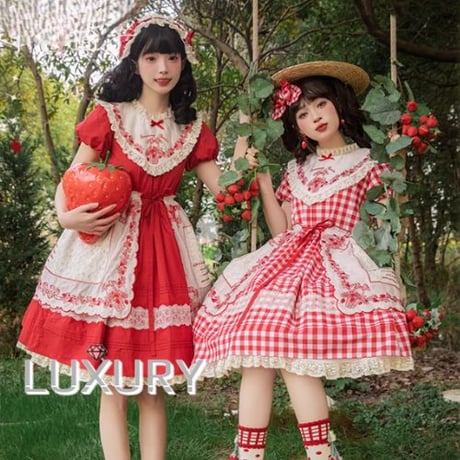 甘ロリ ロリータファッションワンピース のみ 3色 膝上 いちごバスケット お嬢様 童話風 ガーリー スウィート 夏コーデ デート 森 ピクニック 田園 loli5920