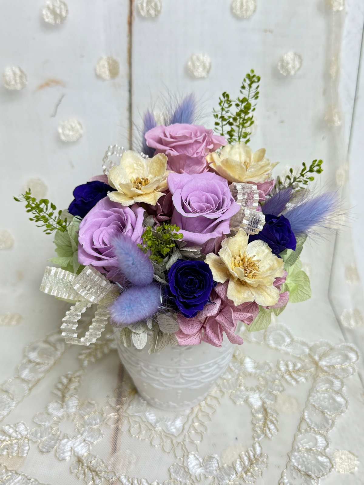 商談中　プリザーブドフラワーアレンジ　No.171 夏のパープルホワイトアレンジ 商談中 プリザーブドフラワーアレンジ No.171 夏のパープルホワイト