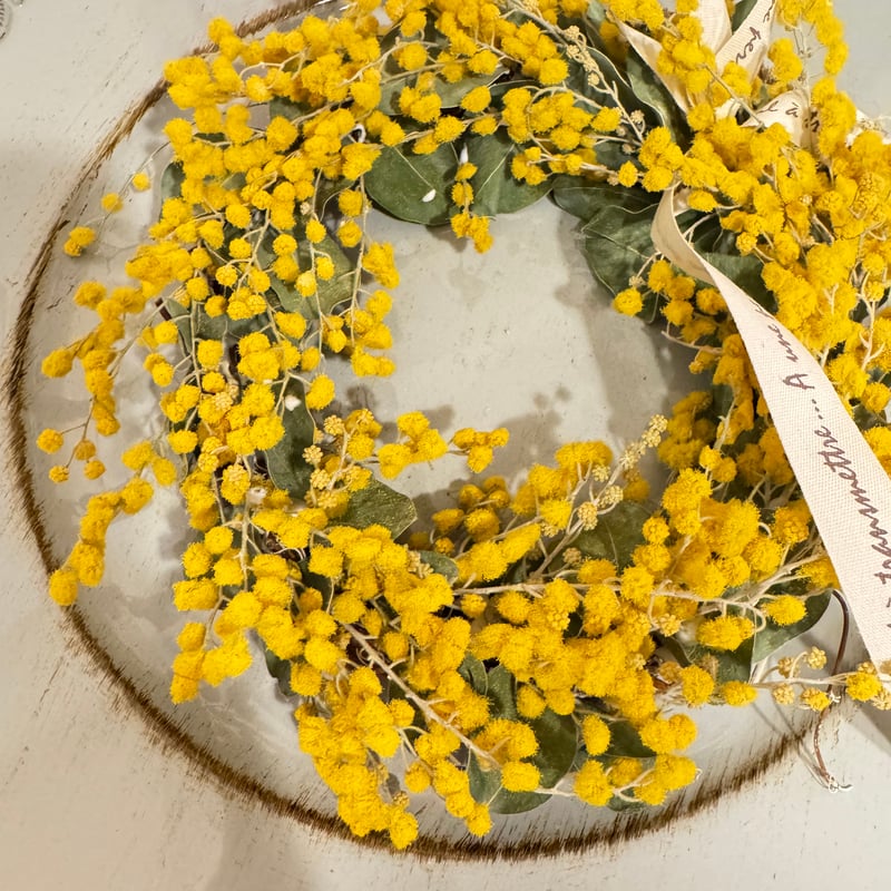 人気で‼️ドライ加工済かわいい：ミモザふわふわリース | 店舗を持た