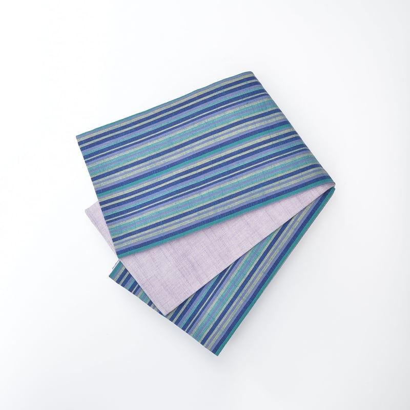 会津木綿半幅帯 青と紫の矢鱈縞 × 淡藤色無地 | 古今堂 ふだん着物屋