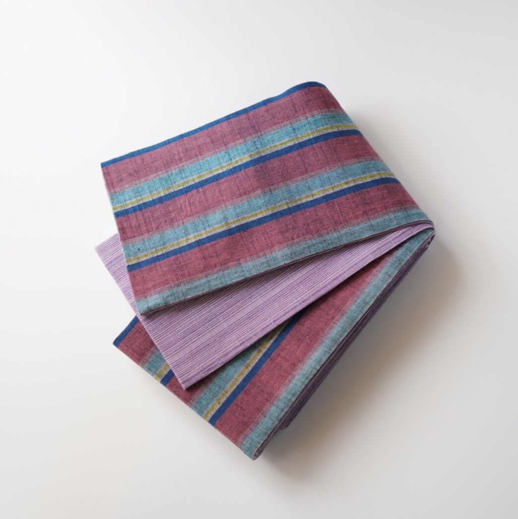 会津木綿半幅帯 藤色万筋 × 梅紫色地に矢鱈縞 | 古今堂 ふだん着物屋